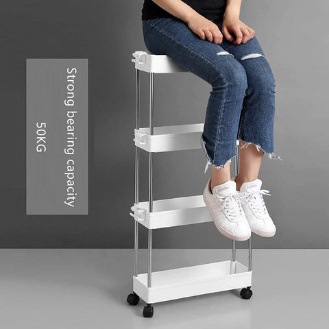 Person sitting on No Sweat Rolling Utility Cart With Smooth Slide Out Storage Rack And Reinforced Hook Compact Mobile Shelving Organizer.