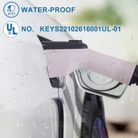 Portable Electric Vehicle J1772 Charger With 40 Foot Cord Level One Two Plug And Play Power Nema 515 To 620 Adapter in use with raindrops.