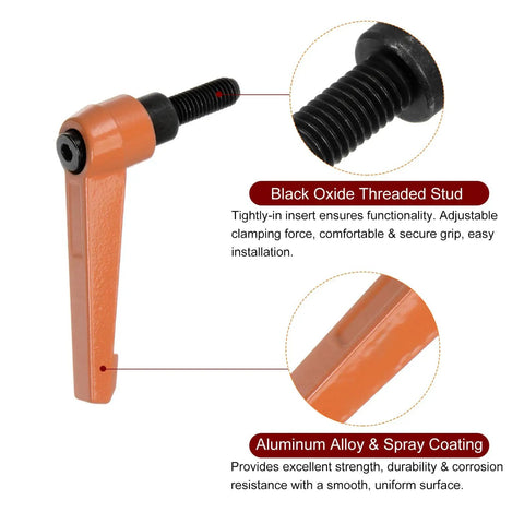4 Pack Adjustable Clamping Lever Handles M8 x 20mm Male Thread Aluminum Alloy Quick Release Rotating Screw Locking Push Button Ergonomic Orange Handles For DIY Projects And Heavy Duty Industrial Use. Front view of an orange handle with a threaded stud.