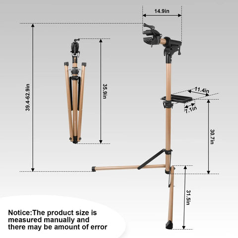 66 Lbs Bike Repair Stand With Pro Grade Clamp, Heavy Duty Aluminum Work Stand showing dimensions, adjustable height 39.4 to 62.9 inches