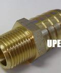 Close-up of a brass fitting from 25 Pack Three Quarter Inch Hose Barb To Three Eighth Inch Male NPT Brass Pipe Fittings For Gas Fuel Water and Air Lines Durable Brass Barbed Connectors with Easy Install