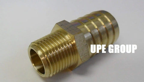 Close-up of a brass fitting from 25 Pack Three Quarter Inch Hose Barb To Three Eighth Inch Male NPT Brass Pipe Fittings For Gas Fuel Water and Air Lines Durable Brass Barbed Connectors with Easy Install