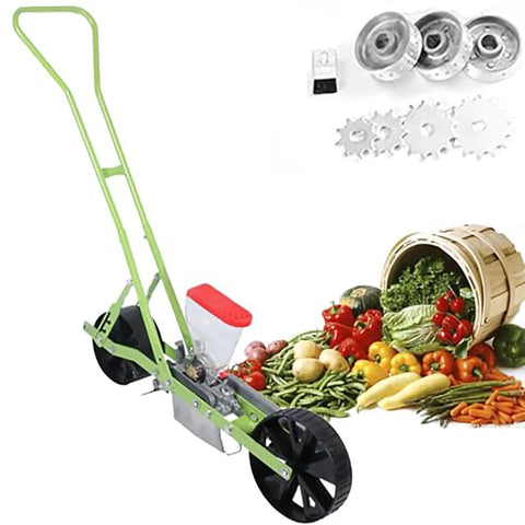 Precision Hand Push Garden Seeder With Adjustable Plant Spacing And Walk Behind Row Crop Planter, vegetables and seed plates