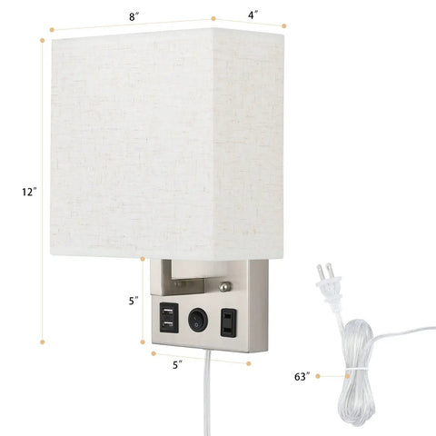 Set Of 2 Wall Sconces With USB Ports For Bedside Or Bedroom And Living Room Modern Silver Wall Lamps Easy Install With Long Cord Includes 2 E26 Bulbs Can Be Plug In Or Wall Mounted Sleek And Practical, showing measurement details