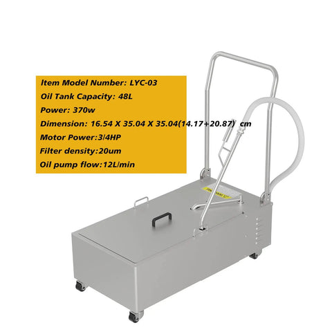 Heavy Duty Commercial Fryer Oil Filter Cart Rolling Mobile Restaurant Grease Purifier With 48 Liter Tank and hose attachment
