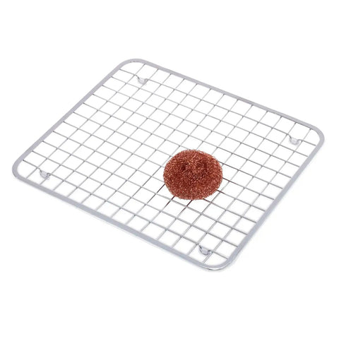 Stainless Steel Sink Grid Protector Kitchen And Bath Rugged Dish Rack with metal scrubber on top, 12.75x11 inches