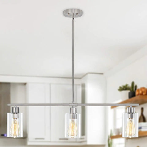 Brushed Nickel Glass Pendant Lighting Over Island Three Light Modern Kitchen Pendant With Glass Shade Industrial Vibe