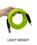 Heavy Duty Hybrid Air Hose 3/8 X 10 Ft held in hand, bright green PVC blend, 300 PSI pressure rating, kink blocking design.