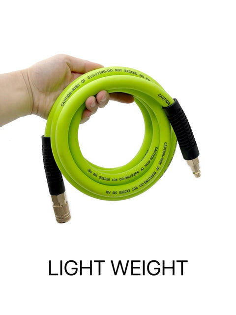 Heavy Duty Hybrid Air Hose 3/8 X 10 Ft held in hand, bright green PVC blend, 300 PSI pressure rating, kink blocking design.