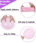 Sixty Eight Piece Pink And Purple Balloons Set 12 Inch Metallic Latex Party Decor shown, highlighting elastic and easy to inflate features.
