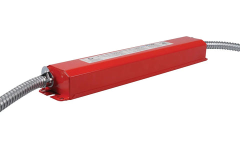 8W LED Emergency Battery Backup Driver Universal 120 To 277V Input With 6V 4000mAh NiCad Battery IC Rated For Plenum And Damp Locations Easy Install 90 Minute Emergency Mode Red in rectangular red casing with wiring.