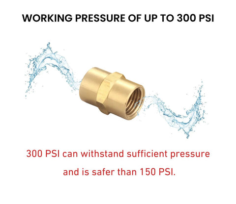 Brass 1/4 in NPT female-to-female hex-head pipe coupling, side view.
