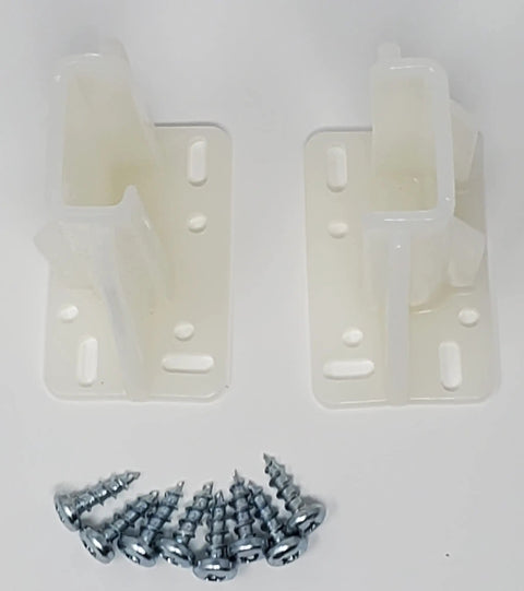 Pack Of Two White Drawer Slide Rear Socket Brackets Euro Cabinet Replacement Hardware With Slick Adjustability Heavy Duty Mounts For Right And Left Sides No Sweat Installation with screws.