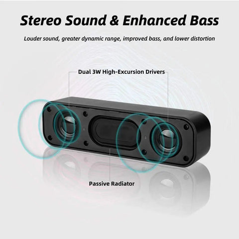 USB Computer Speaker Bar With Stereo Sound And Enhanced Bass, featuring dual 3W high-excursion drivers and passive radiator