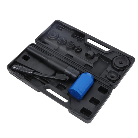 Open case displaying Hydraulic Knockout Punch Kit 8 Ton Conduit Hole Cutter Set with 6 Dies for Metal Sheet Panel Power Tool