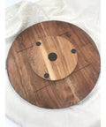 Bottom of 16 Inch Floral Resin Lazy Susan on Wood Serving Tray Base Blue Gold White Art Organizer for Kitchen Countertop And Dining Table Elevates Your Home Decor And Keeps Skincare Bath Products And Small Accessories Sorted And Styled.