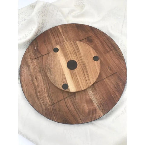 Bottom of 16 Inch Floral Resin Lazy Susan on Wood Serving Tray Base Blue Gold White Art Organizer for Kitchen Countertop And Dining Table Elevates Your Home Decor And Keeps Skincare Bath Products And Small Accessories Sorted And Styled.
