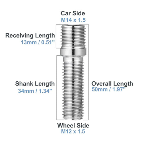 Upgrade Your Ride With Premium Lug Wheel Studs Kit Perfect For VW GTI Jetta And Passat Ensures Rock Solid Hub Connection And Max Durability For Safe Driving On Any Road Condition. M14x1.5 to M12x1.5 steel stud, 50mm length