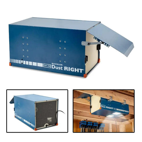 Compact Ceiling Air Filtration Unit With Heavy Duty Triple Stage Filters For Tight Garages And Low Ceilings, blue design, open flap