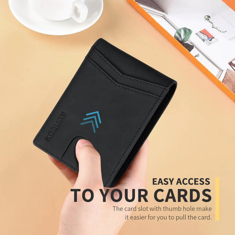 Slim Rfid Blocking Genuine Leather Bifold Wallet For Men With Dual Id Display Large Card Capacity And Kickass Gift Box Durable Full Grain Stitching Tight Carry displayed in hand, showing card slot design.