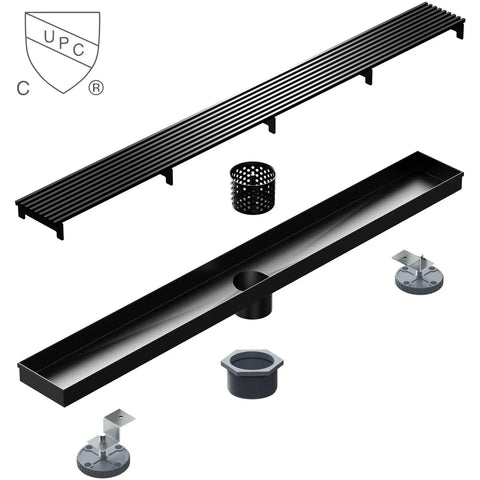 28 Inch Linear Shower Drain With Removable Wedge Wire Grate Matte Black 304 Stainless Steel Rectangle Shower Floor Drain For Bathroom CUPC Certified With Hair Strainer For Fast Easy Drainage, parts separated