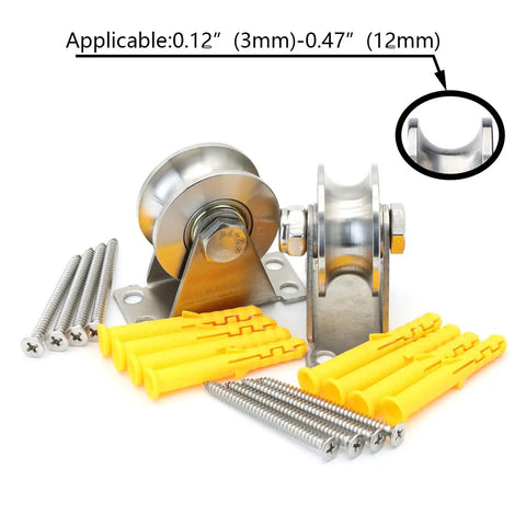 U Type Stainless Steel Groove Wheel Pulley For Wall Mounted Ceiling Lifting With Removable Double Bearing Durable Hoist Block Easy To Clean And Install Four 7mm Mounting Holes For Wood Metal Or Concrete Surfaces, 3mm-12mm rope