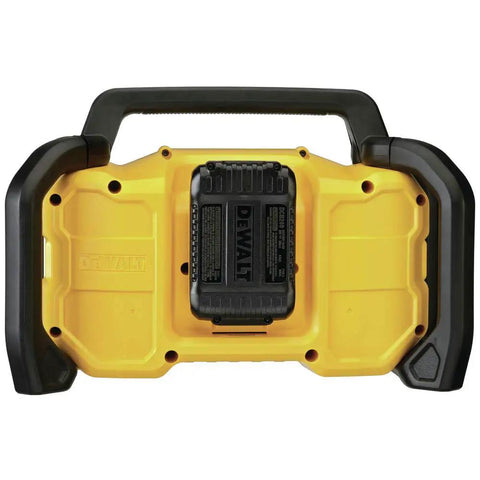 Back view of 12V and 20V Max Portable Bluetooth Radio With Dual 3.5 Inch Subwoofers and 1 Inch Tweeters For Stereo Sound Rugged Jobsite Build