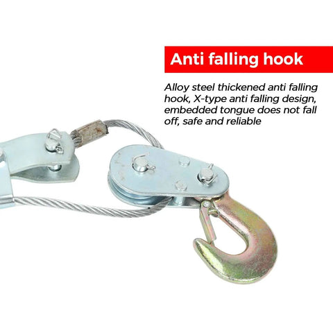 Beefy 4 Ton Heavy Duty Dual Gear Come Along Puller With Two Hooks And Steel Cable showing anti falling hook design.