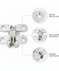 Low Profile Flush Mount Cross Hinge for No Fuss Doors and Folding Tables with stainless steel pivot, hidden hardware, detailed view.