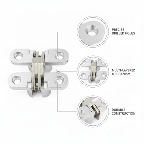 Low Profile Flush Mount Cross Hinge for No Fuss Doors and Folding Tables with stainless steel pivot, hidden hardware, detailed view.