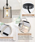 Farmhouse Pendant Light With Seeded Glass And Metal Cage, Rustic Wood Finish Island Lighting Fixture detail with ceiling adapters