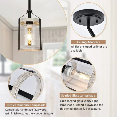 Farmhouse Pendant Light With Seeded Glass And Metal Cage, Rustic Wood Finish Island Lighting Fixture detail with ceiling adapters