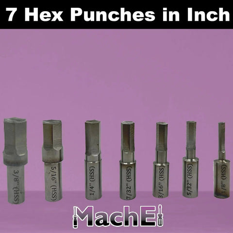 Seven Piece Hex Rotary Broach Punch Set In Inch Sizes From One Eighth Inch To Three Eighth Inch, Premium High Speed Steel HSS For Wobble And Non Wobble Holders, Internal Hex Machining, Built Tough For Precise Cuts displayed in size order.