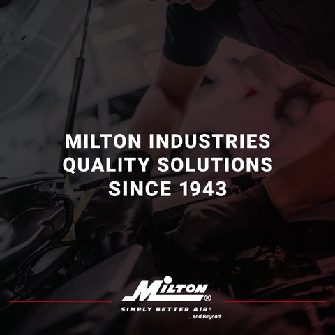 Milton Industries branding showcasing trusted air solutions since 1943 with blurred mechanic working in the background.