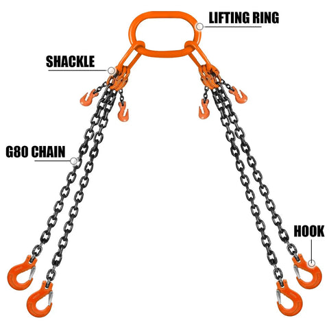 4 Leg Chain Sling For Lifting 1 Inch Chain With Hooks Heavy Duty 11 Ton 10 Foot Per Leg Rigging Kit featuring hooks and chain