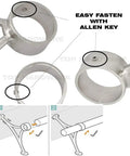 Stainless Steel 304 Grade Foot Rail Bracket Set, Satin Brass Finish, showing fastening with Allen key and mounting instructions.