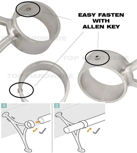 Stainless Steel 304 Grade Foot Rail Bracket Set, Satin Brass Finish, showing fastening with Allen key and mounting instructions.