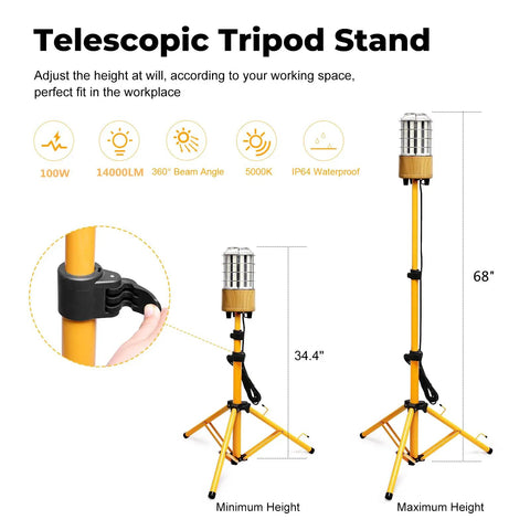 Telescopic tripod stand for 100W LED Tripod Work Light With Stand, 14000 Lumen Corded Jobsite Light, 360 Degree Coverage