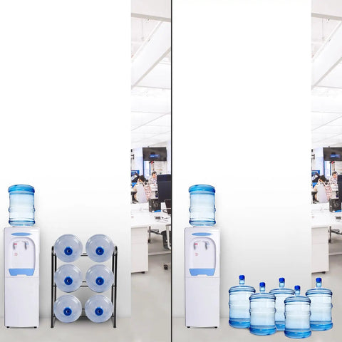 Office space with Heavy Duty 3 Tier 5 Gallon Water Jug Rack, Steel Water Bottle Dispenser Stand with six slots filled