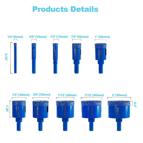 Ten Piece Diamond Hole Saw Kit for Ceramic, Marble, Granite and Glass with sizes ranging 6 to 50mm, detailed view.
