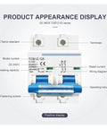 Product appearance display of Heavy Duty 2 Pole DC Circuit Breaker For Solar PV Battery Main Switch with model details and wiring diagram.