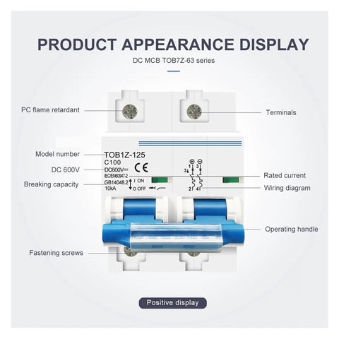 Product appearance display of Heavy Duty 2 Pole DC Circuit Breaker For Solar PV Battery Main Switch with model details and wiring diagram.