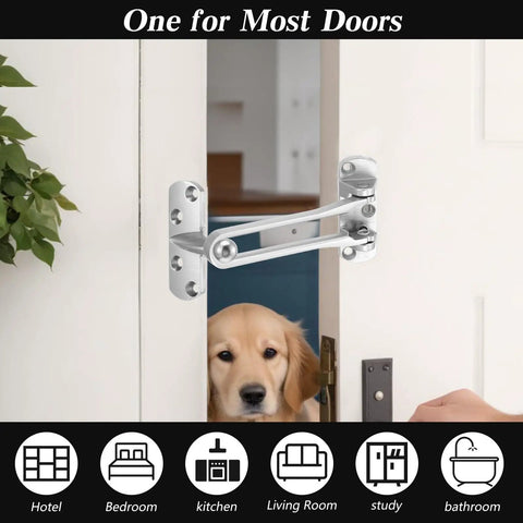 Swing bar door lock installed on white interior door, showing zinc alloy latch with brushed finish, securing door slightly ajar revealing pet inside, Six Pack Tough As Nails Heavy Duty Swing Bar Door Lock With Mounting Screws Zinc Alloy Security Latch For Interior Doors Brushed Finish Easy Install Durable Home And Hotel Door Safety Lock