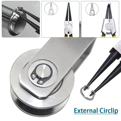 Stainless Steel Swivel Cable Pulley Wheel Set With Heavy Duty Bearings For Quiet Smooth Rotation detail view with tools