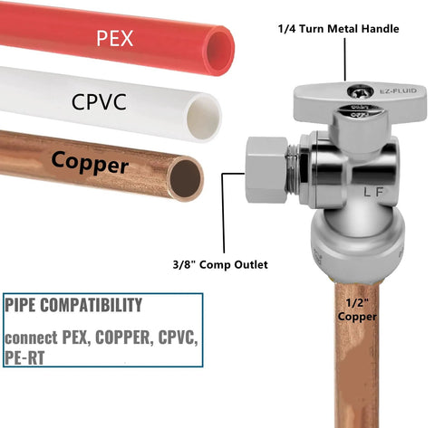 EZ-FLUID angle stop valve with 1/4-turn metal handle; 1/2-in copper inlet to 3/8-in compression outlet for PEX/Copper.