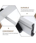 Heavy Duty Aluminum Alloy Table Saw Miter Gauge With Dead Straight Accuracy And Smooth Telescoping Arms For Rock Solid Cut Line Alignment And No Fuss DIY Woodworking close-up of durable aluminum construction with rail motion detail.