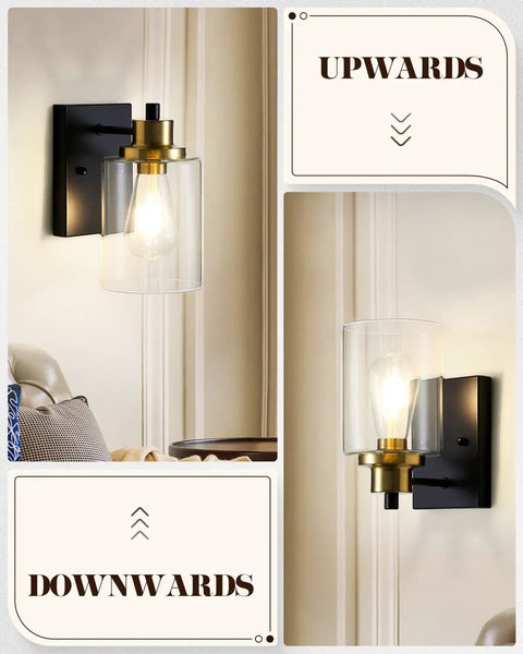 Indoor 2 Pack Wall Light Fixtures Set, Vintage Farmhouse Sconces in Black and Gold Finish with Clear Glass Shades, Up Down Mounted