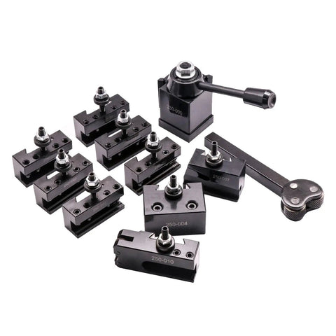 Quick Change Tool Post Set For Mini Lathe 6-9 Inch, Wedge Type, 11Pcs 250-000 Plus Extras 250-001 And 250-002 displayed