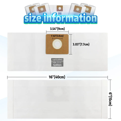 Heavy Duty Five Pack Shop Vacuum Bags Compatible With One Five Gallon Wet Dry Cleaners Replacing Part Nine Zero Six Six Seven size specifications with measurements.