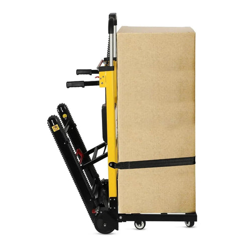 Heavy Duty Electric Stair Climber Hand Truck That Crushes 441 Lbs Loads With Ease, features large cardboard box attached.